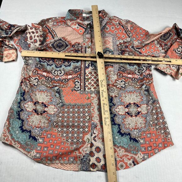 Chico’s Boho Patchwork Print Non-Iron Shirt 2 L Long Sleeve Work Button Down Top - Picture 5 of 10